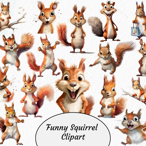 Funny Squirrel Clipart, Cute Cartoon Animals, Cute Woodland Animals, Forest Animals Clipart, Baby Squirrel, Funny Caricature Illustrations