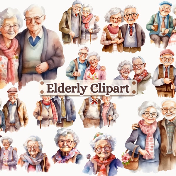 Elderly Clipart Bundle - Grands-parents, Seniors Clip Art, Heureux couple de personnes âgées, Amitié des personnes âgées, Amour, Utilisation commerciale des personnes âgées PNG