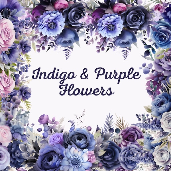 Indigo Flowers and Purple Flowers Clipart - 100+ Flowers PNG, Watercolor Purple Floral Clipart, Lavender Flowers, Digital Floral Graphics