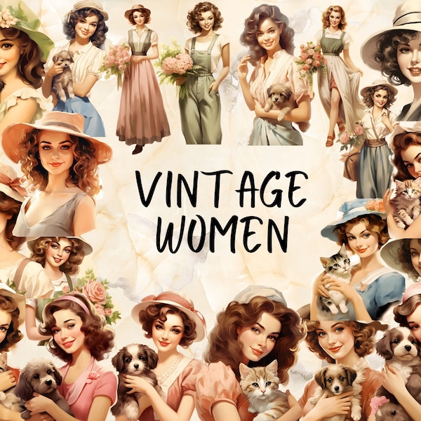 Vintage Women Clipart - Vintage Lady PNG, Vintage Clothing, Retro Vintage Housewives, Vintage Pets, Vintage Scrapbooking, Commercial Use PNG