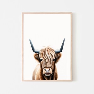 Highland Bull, vaca escocesa, impresión de acuarela, arte de pared, decoración de granja, neutral, toro, vacas, animales lindos, granja moderna, bellas artes