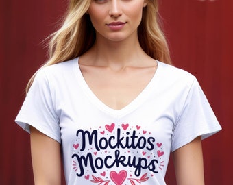 Gildan 5V00L Style Mockup Ladies V-Neck T-Shirt White Tee Shirt Model Smart Object