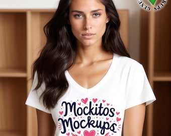 Gildan 5V00L Style Mockup Ladies V-Neck T-Shirt White Tee Shirt Model Smart Object