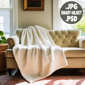 Velveteen Plush Blanket Mockup 50x60 on living room sofa, JPG and PSD smart object, white blanket for sublimation and POD