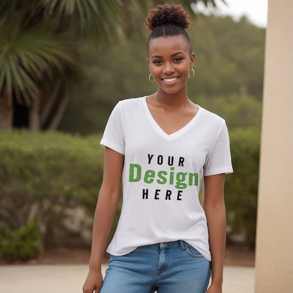 Bella+Canvas 6405 Style White Jersey Short Sleeve V-Neck Tee Womens T-Shirt Mockup with Shadows Layer Young Adult African American Female