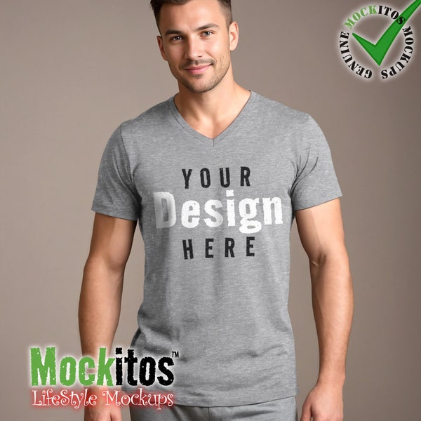 Bella+Canvas 3005 Style Athletic Heather Jersey Short Sleeve V-Neck Tee Mens T-Shirt Mockup with Shadows Layer Adult European Male Lifestyle