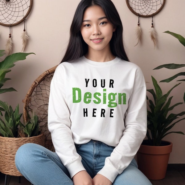 Bella+Canvas 3501 Style White Jersey Long Sleeve Tee Womens T-Shirt Mockup with Shadows Layer Teen Asian Female Lifestyle Mock Ups