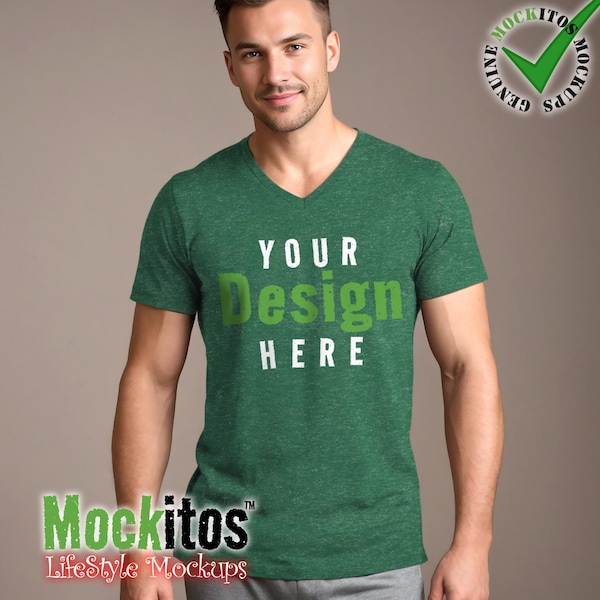 Bella+Canvas 3005 Style Heather Grass Green Jersey Short Sleeve V-Neck Tee Mens T-Shirt Mockup with Shadows Layer Adult European Male