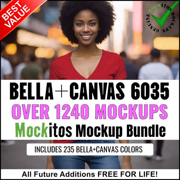 Bella+Canvas 6035 Bundle, V-Neck T-Shirt Mockups, Bella Mock Ups, Mockup Bundle, Large Diversity of Models, 235 Colors, Shadows Layers