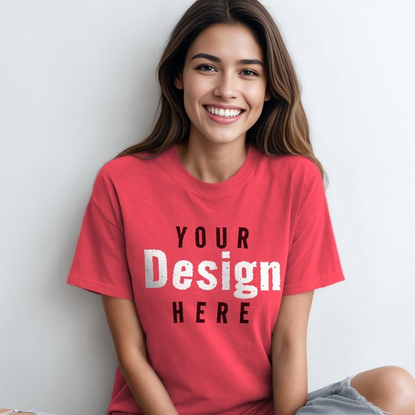 Comfort Colors 1717 Style Paprika Heavyweight Adult Tee Womens T-Shirt Mockup with Shadows Layer Young Adult Hispanic Female