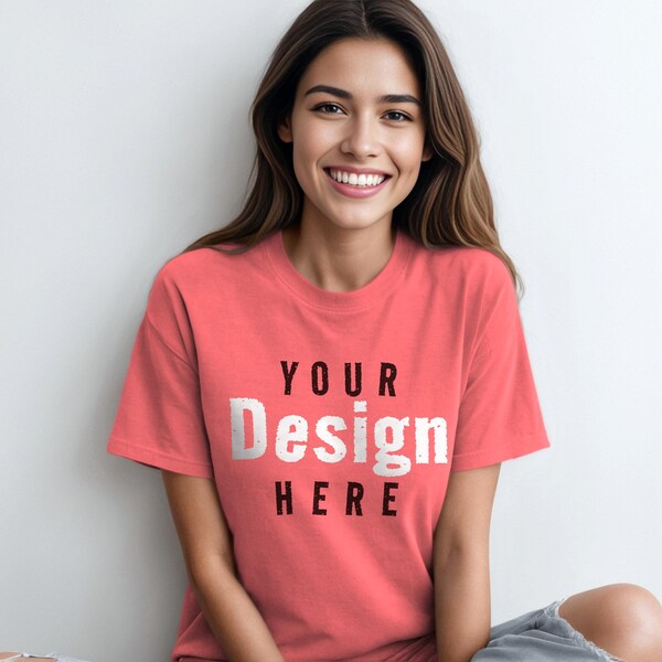 Comfort Colors 1717 Style Neon Red Orange Heavyweight Adult Tee Womens T-Shirt Mockup with Shadows Layer Young Adult Hispanic Female