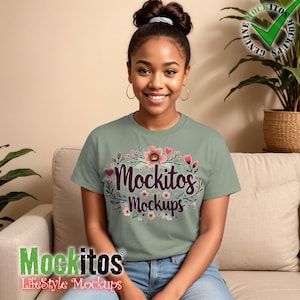 Gildan 64000 Style Sage Softstyle T-Shirt Womens T-Shirt Mockup Shadows Layer Teen Pacific Islander Female Lifestyle Mock Ups