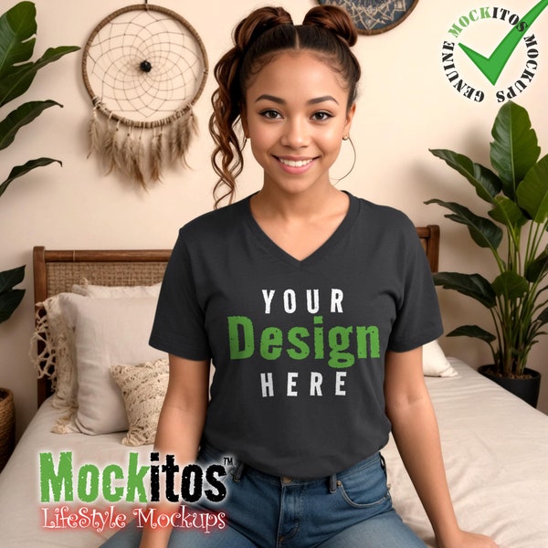 Bella+Canvas 3005 Style Dark Grey Jersey Short Sleeve V-Neck Tee Womens T-Shirt Mockup with Shadows Layer Teen Mulatto Female Lifestyle Mock