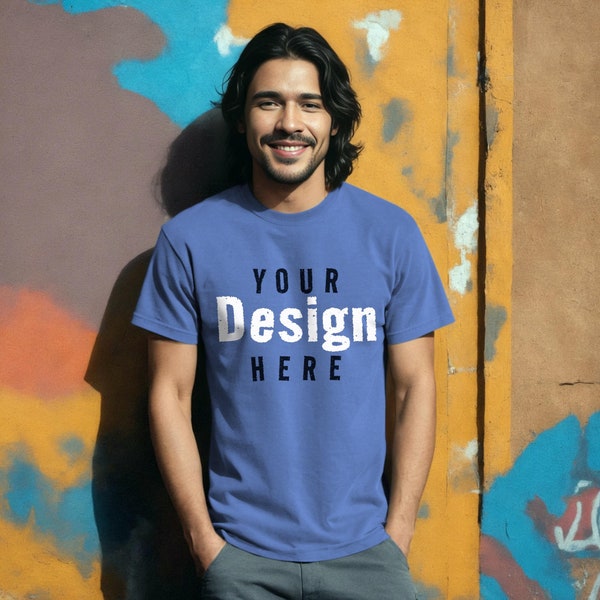 Comfort Colors 1717 Style Mystic Blue Heavyweight Adult Tee Mens T-Shirt Mockup with Shadows Layer Adult Hispanic Male