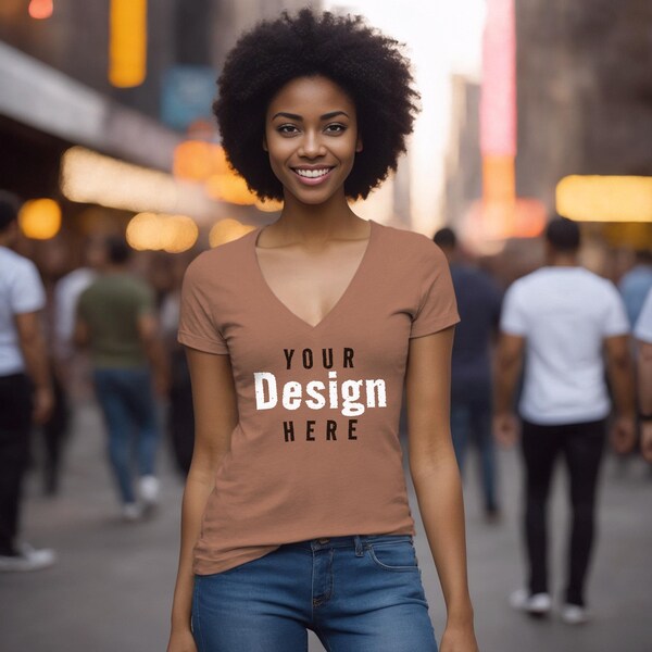 Bella Canvas 6035 Style Chestnut Jersey Deep V-Neck T-Shirt Womens T-Shirt Mockup with Shadows Layer Young Adult African American Female