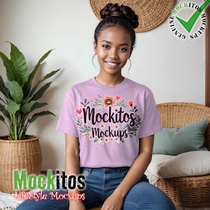 May include: A woman wearing a light purple t-shirt with a floral design and the text "Mockitos Mockups".