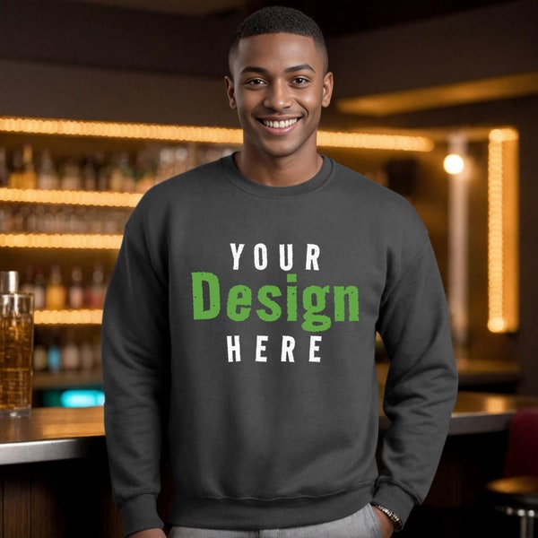 Gildan 18000 Style Charcoal Adult Crewneck Sweatshirt Mens T-Shirt Mockup with Shadows Layer Young Adult African American Male