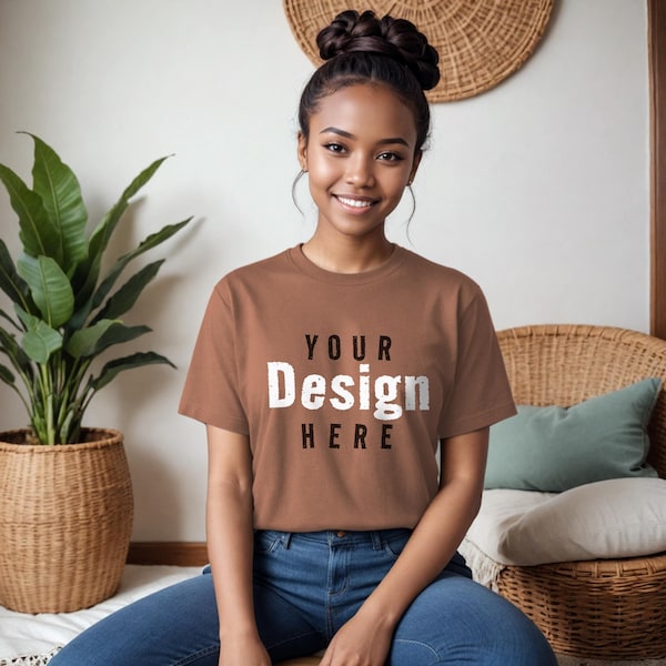 Bella+Canvas 3001 Style Chestnut Jersey Short Sleeve Tee Womens T-Shirt Mockup with Shadows Layer Teen Pacific Islander Female