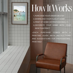 May include: A white tiled room with a brown leather armchair and a framed photograph of a beach scene. The text "How It Works" is written in black on a white background, followed by a list of instructions for purchasing and printing digital downloads.