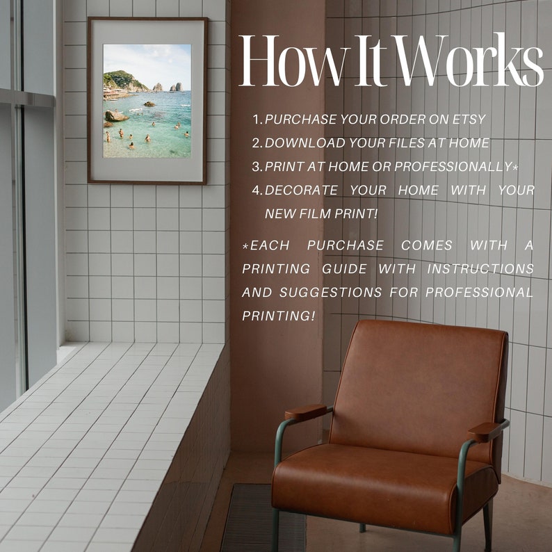 May include: A white tiled room with a brown leather armchair and a framed photograph of a beach scene. The text "How It Works" is written in black on a white background, followed by a list of instructions for purchasing and printing digital downloads.