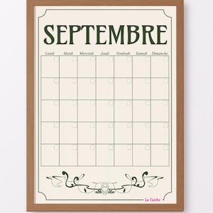 May include: A framed monthly calendar print titled SEPTEMBRE in dark green text, featuring a grid for days of the week in French, small checkboxes in each date square, and a decorative floral line drawing at the bottom with the text La Canhe.
