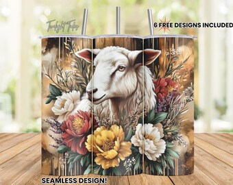 Sublimeringsdesign med blommigt får, smalt tumbler, digital nedladdning PNG, direktnedladdning, sömlös tumblerwrap