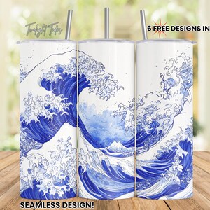 May include: Three stainless steel tumblers with a seamless design featuring a blue and white watercolor-style print of the Great Wave off Kanagawa. The tumblers are arranged side-by-side, with the wave design wrapping around each one.