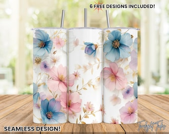 Pastel Floral 20 oz Skinny Tumbler Sublimation Design, Blue Pink Gold Flower Digital Download PNG Instant Download Seamless Tumbler Wrap