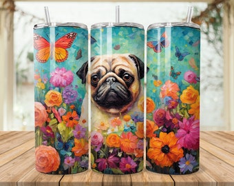 Pug in Flowers 20 oz Skinny Tumbler Sublimation Design, Brown Dog Instant Digital Download PNG, Straight & Tapered Tumbler Wrap PNG