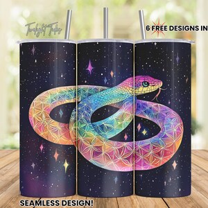 May include: A set of three stainless steel tumblers with a vibrant, rainbow-colored snake design against a dark starry background. The snake is coiled and features intricate geometric patterns. Text includes "Twilight Today", "6 FREE DESIGNS INCLUDED!" and "SEAMLESS DESIGN!"
