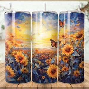 Big Sunflowers Butterflies 20 oz Skinny Tumbler Sublimation Design, Sunflower Instant Digital Download PNG Straight Seamless Tumbler Wrap