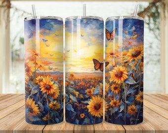 Big Sunflowers Butterflies 20 oz Skinny Tumbler Sublimation Design, Sunflower Instant Digital Download PNG Straight Seamless Tumbler Wrap
