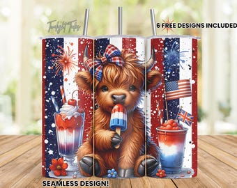American Baby Highlands Cow 20 oz Skinny Tumbler Sublimation Design, 4th of July Digital Download PNG Instant Download Seamless Tumbler Wrap