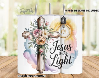 Jesus is the Light 20 oz Skinny Tumbler Sublimation Design, Easter Cross Flowers Digital Download PNG Instant Download Seamless Tumbler Wrap