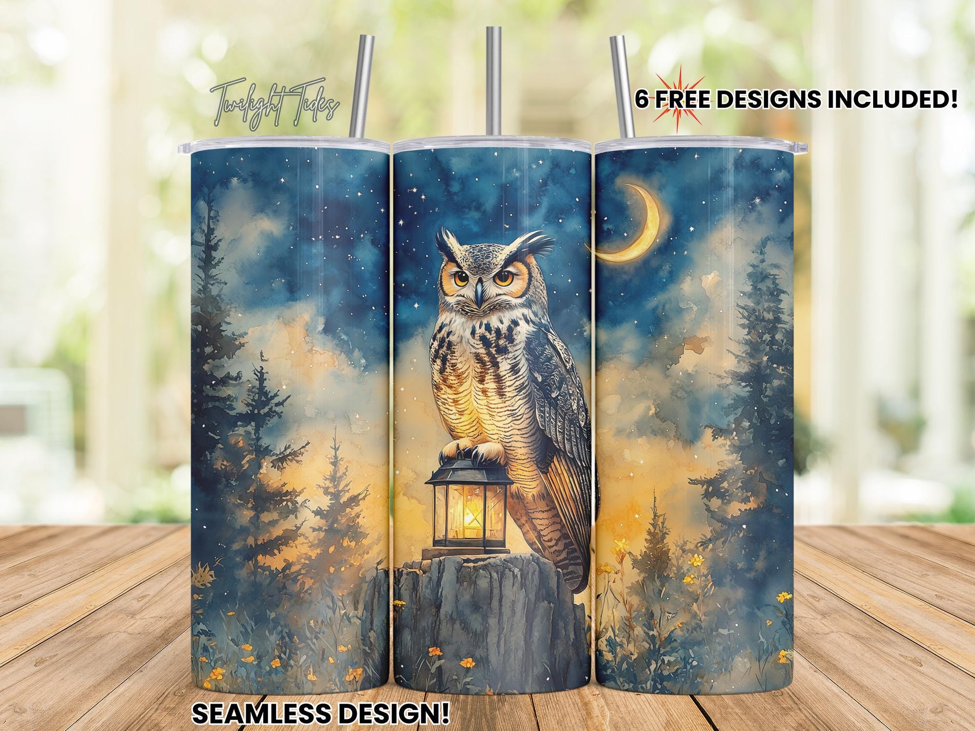 Mystical White owl 20 oz Skinny Tumbler Sublimation Design, Forest scene owls Digital Download PNG I