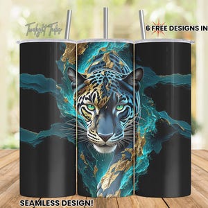May include: A black tumbler with a seamless design featuring a jaguar with green eyes, set against a backdrop of teal and gold accents. The text "6 FREE DESIGNS INCLUDED!" is visible. The tumbler has a silver straw.