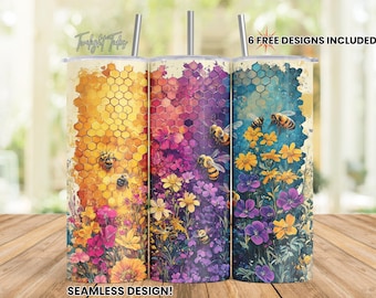 Flower Bee Honeycomb 20 oz Skinny Tumbler Sublimation Design, Rainbow Bee Floral Digital Download PNG Instant Download Seamless Tumbler Wrap