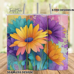 Teal Purple Yellow Daisy 20 oz Skinny Tumbler Sublimation Design, Teal floral Digital Download PNG Instant Download Seamless Tumbler Wrap