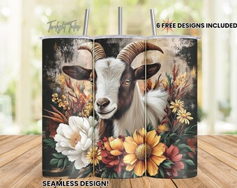 Pygmy Goat Flowers 20 oz Skinny Tumbler Sublimation Design, Floral Farm Animal Digital Download PNG Instant Download Seamless Tumbler Wrap
