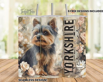 Yorkshire terrier Dog 20 oz Skinny Tumbler Sublimation Design Yorkie Mama floral Digital Download PNG Instant Download Seamless Tumbler Wrap