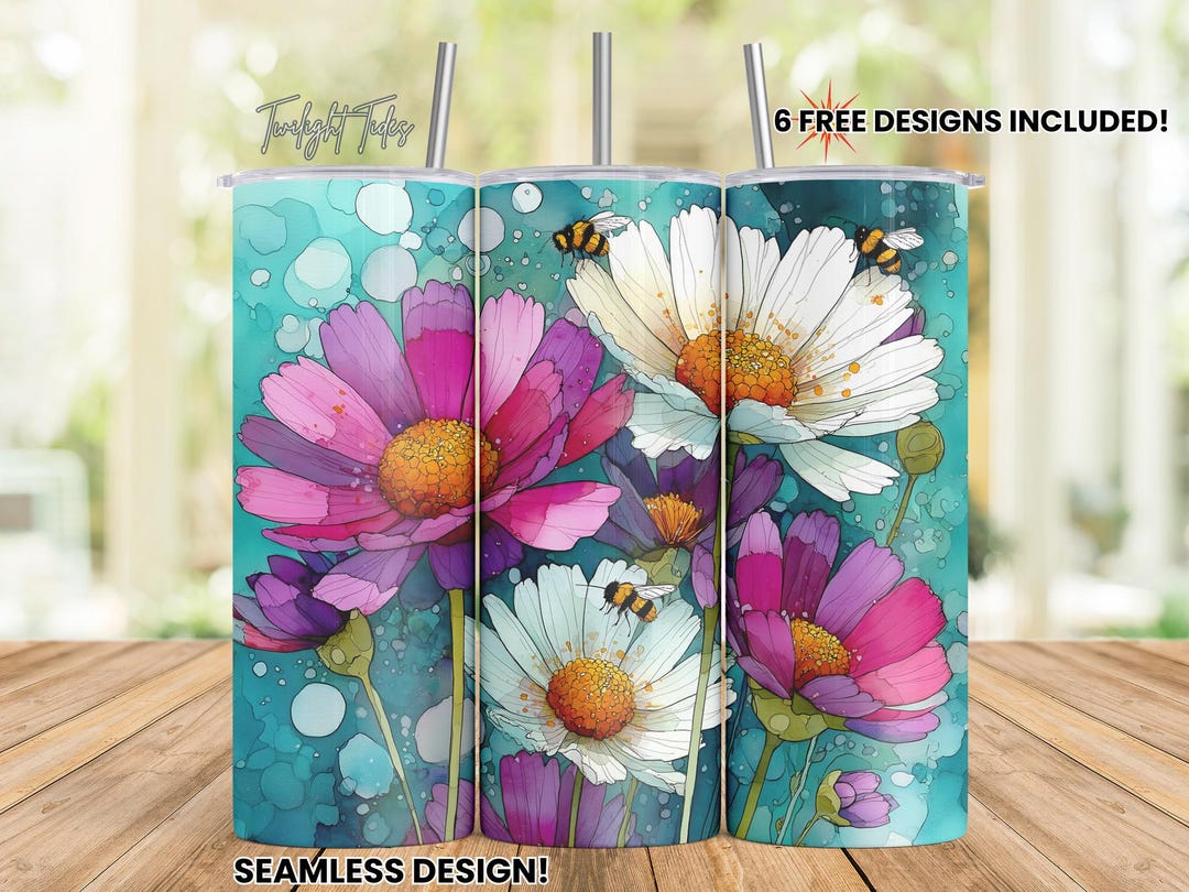 Daisies and Bees 20 Oz Skinny Tumbler Sublimation Design, Pink Daisy ...