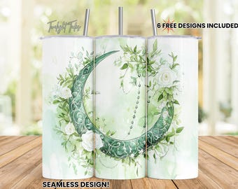 Ramadan Green Islamic 20 oz Skinny Tumbler Sublimation Design, Eid Mubarak Digital Download PNG Instant Download Seamless Tumbler Wrap