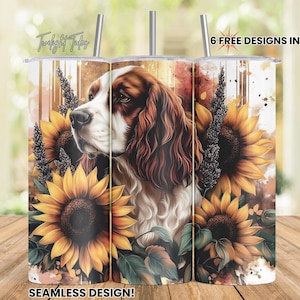 May include: A stainless steel tumbler featuring a dog portrait surrounded by sunflowers and foliage. The design includes the text "6 FREE DESIGNS INCLUDED!" and "SEAMLESS DESIGN!" The tumbler has a straw.