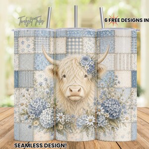 May include: A set of three stainless steel tumblers with lids and straws. Each tumbler features a watercolor design of a Highland cow with blue floral accents against a patchwork background. The text "Twilight Today" and "Seamless Design!" are visible.
