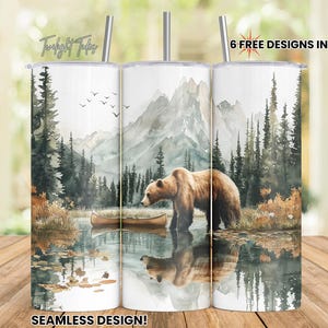 Nature camping bear lake 20 oz Skinny Tumbler Sublimation Design, Mountain lake Digital Download PNG Instant Download Seamless Tumbler Wrap