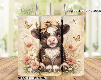 Summer Wildflower Baby Cow 20 oz Skinny Tumbler Sublimation Design, Floral Boho Highlands Cow PNG Instant Download Seamless Tumbler Wrap