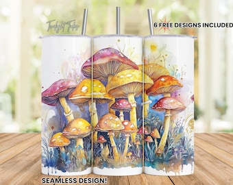 Mushrooms Watercolor art 20 oz Skinny Tumbler Sublimation Design, cottage core Digital Download PNG Instant Download Seamless Tumbler Wrap