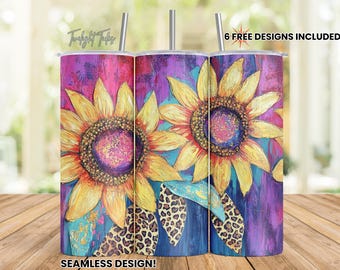 Nadruk słonecznika w geparda 20 oz Skinny Tumbler Sublimacja Design, słoneczniki sztuka Cyfrowe pobieranie PNG Natychmiastowe pobieranie Bezszwowe opakowanie na kubek