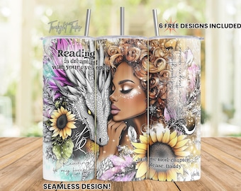 Dark Romantasy Smut Reader 20 oz Skinny Tumbler Sublimacja Design, Black Girl Digital Download PNG Natychmiastowe pobieranie Bezszwowe opakowanie na kubek