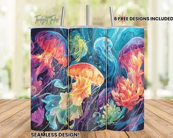 Colorful Jellyfish 20 oz Skinny Tumbler Sublimation Design, Ocean Jelly fish Digital Download PNG Instant Download Seamless Tumbler Wrap